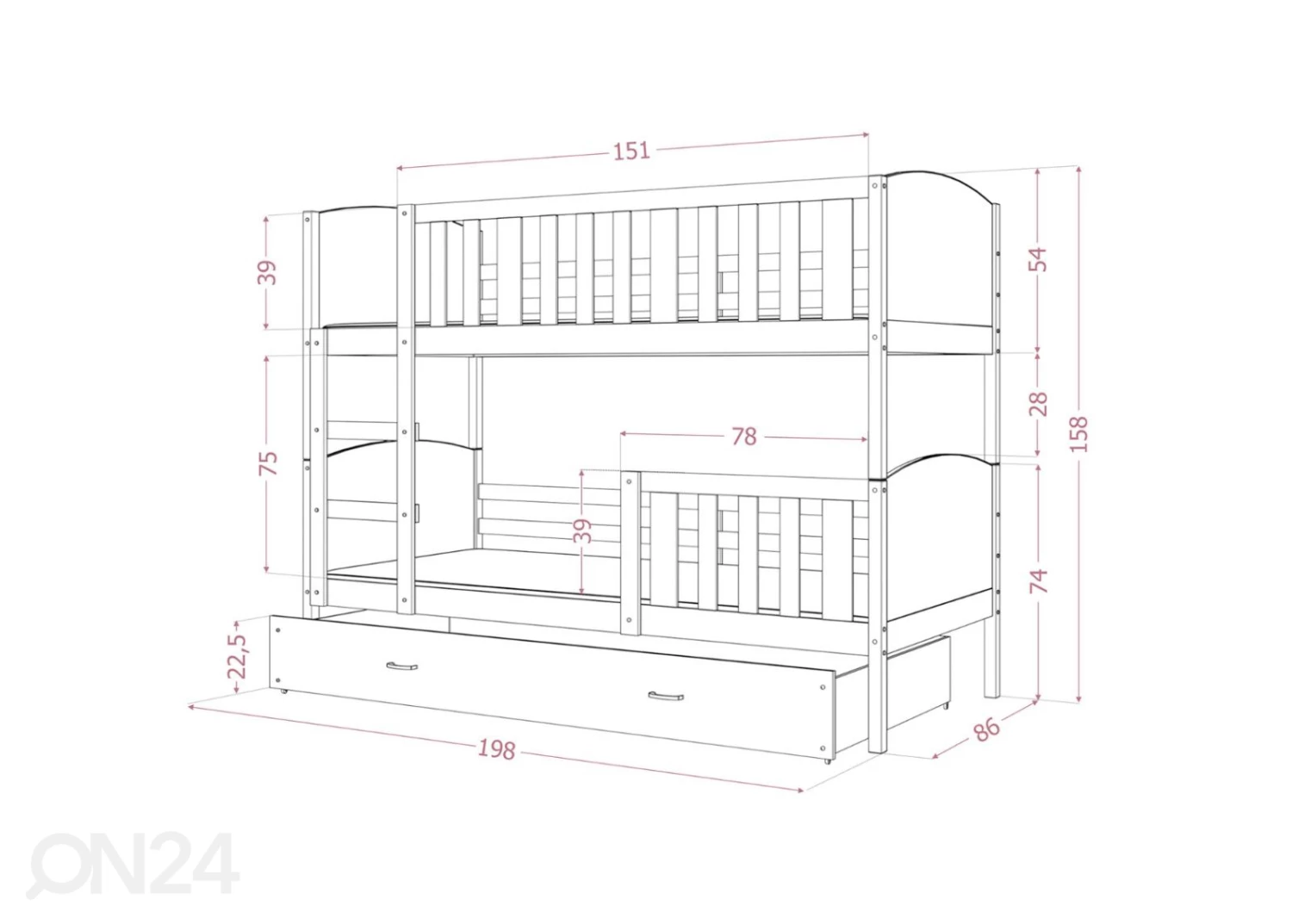 Kerrossänky 80x190 Cm, Valkoinen/harmaa - Image 2